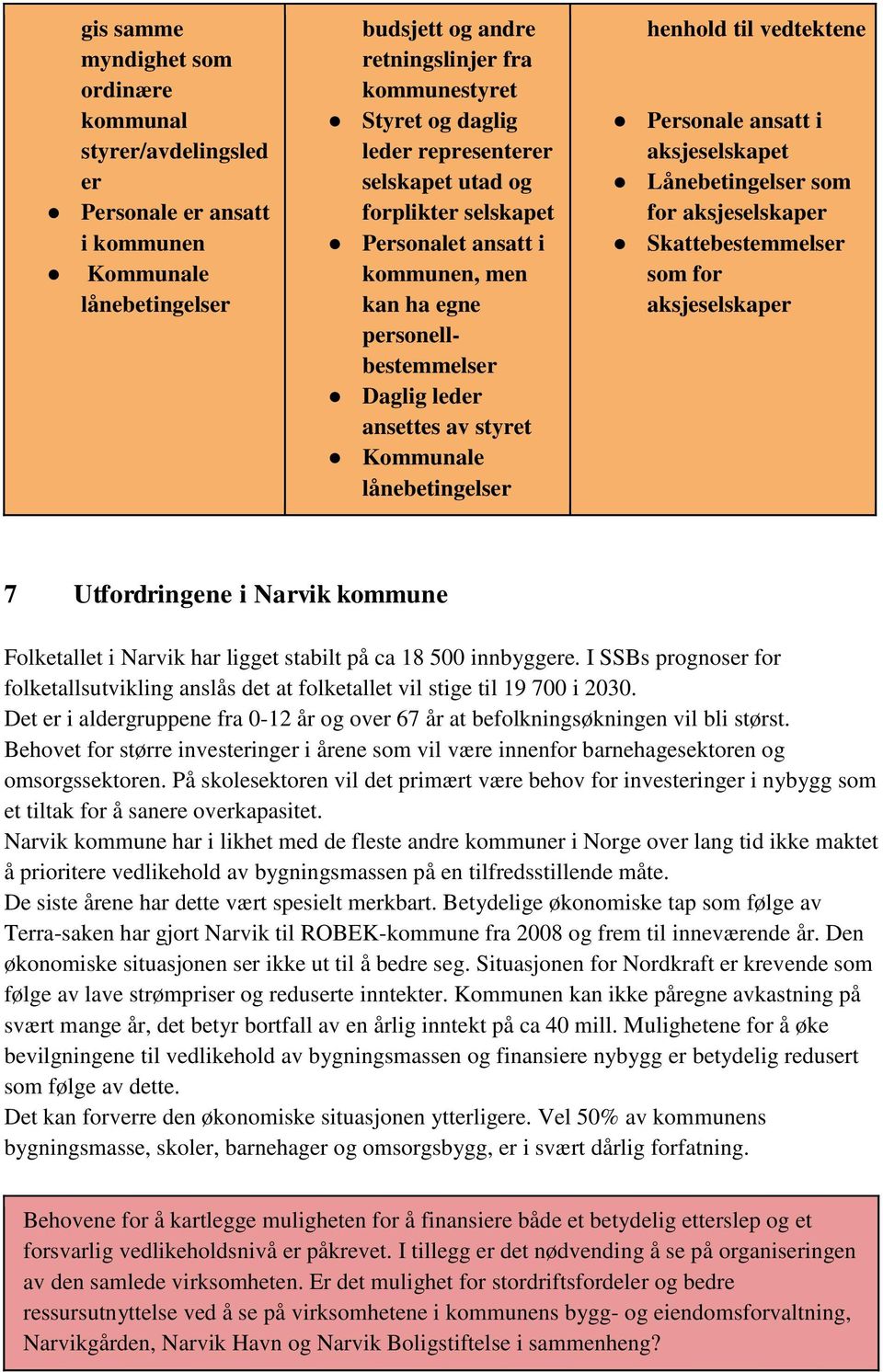 vedtektene Personale ansatt i aksjeselskapet Lånebetingelser som for aksjeselskaper Skattebestemmelser som for aksjeselskaper 7 Utfordringene i Narvik kommune Folketallet i Narvik har ligget stabilt