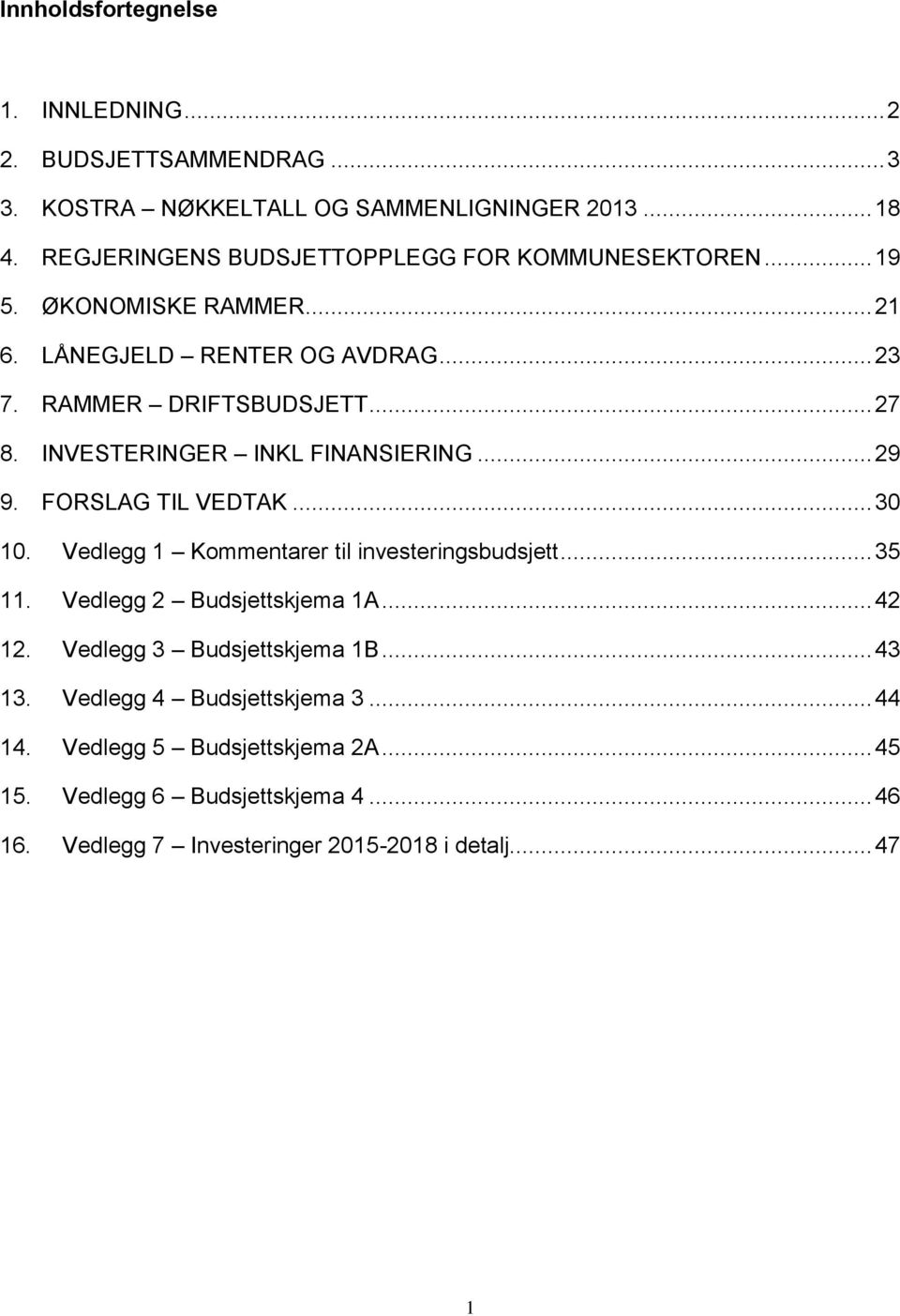 INVESTERINGER INKL FINANSIERING... 29 9. FORSLAG TIL VEDTAK... 30 10. Vedlegg 1 Kommentarer til investeringsbudsjett... 35 11. Vedlegg 2 Budsjettskjema 1A.