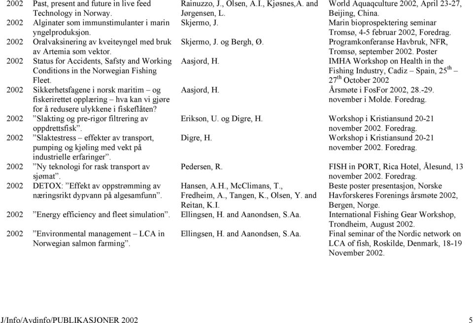 2002 Sikkerhetsfagene i norsk maritim og fiskerirettet opplæring hva kan vi gjøre for å redusere ulykkene i fiskeflåten? 2002 Slakting og pre-rigor filtrering av oppdrettsfisk.