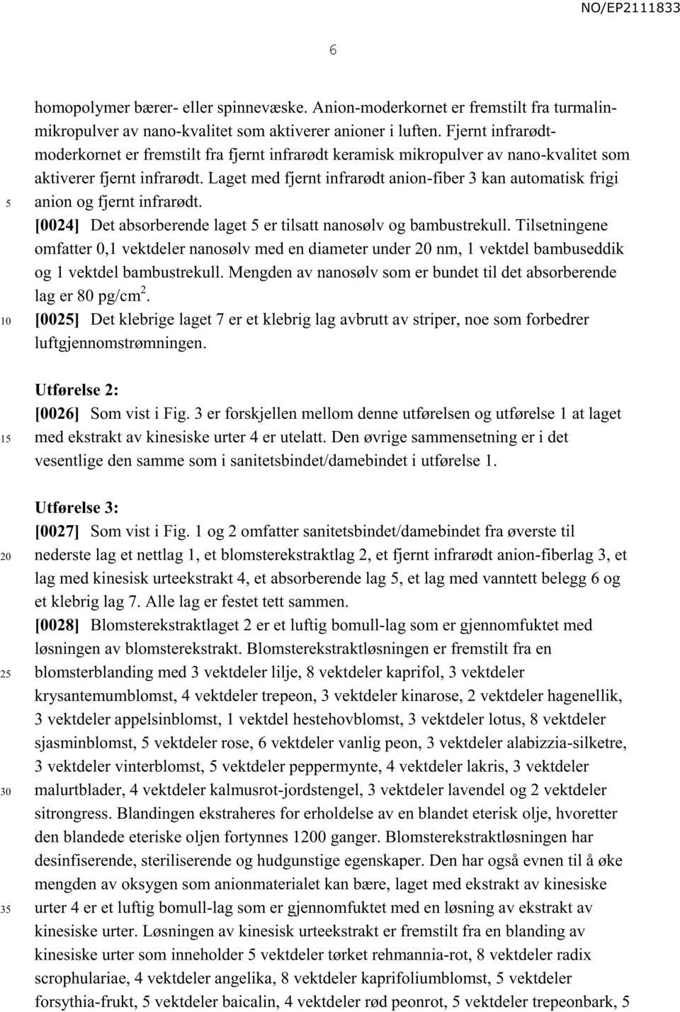 Laget med fjernt infrarødt anion-fiber 3 kan automatisk frigi anion og fjernt infrarødt. [0024] Det absorberende laget er tilsatt nanosølv og bambustrekull.