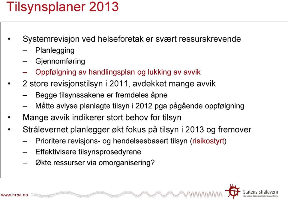 tilsyn i 2012 pga pågående oppfølgning Mange avvik indikerer stort behov for tilsyn Strålevernet planlegger økt fokus på tilsyn i 2013