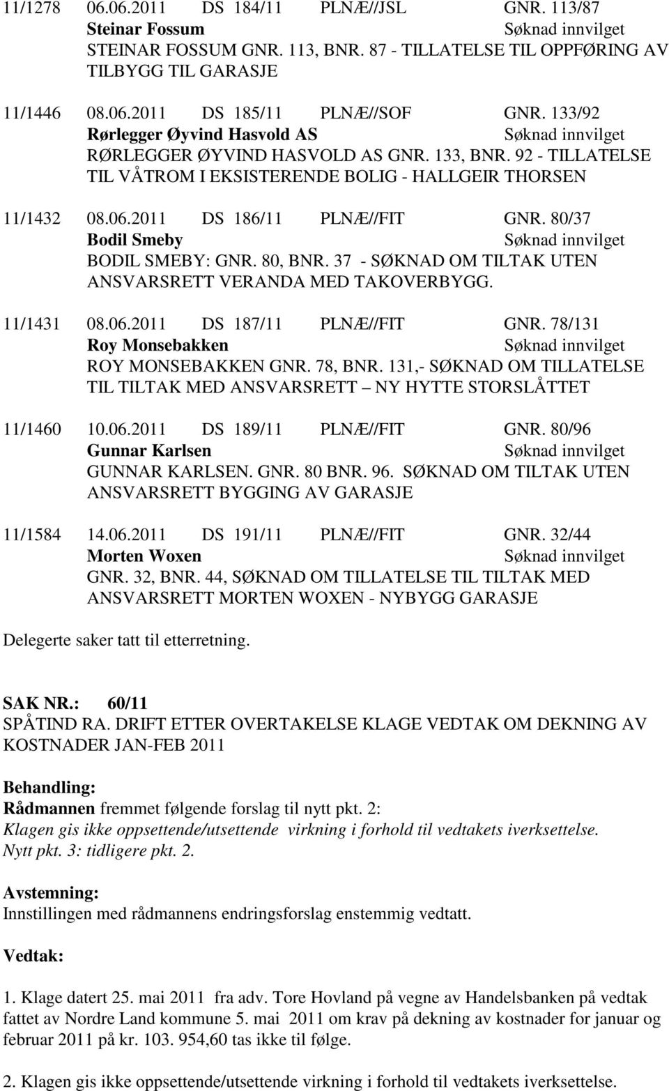 80/37 Bodil Smeby BODIL SMEBY: GNR. 80, BNR. 37 - SØKNAD OM TILTAK UTEN ANSVARSRETT VERANDA MED TAKOVERBYGG. 11/1431 08.06.2011 DS 187/11 PLNÆ//FIT GNR. 78/131 Roy Monsebakken ROY MONSEBAKKEN GNR.