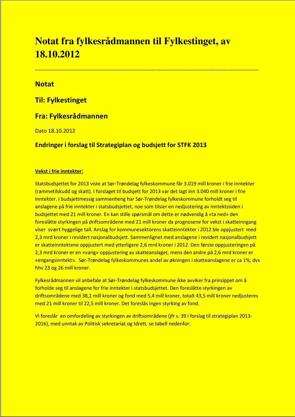 2012 Endringer i forslag til Strategiplan og budsjett for STFK 2013 Vekst i frie inntekter: Statsbudsjettet for 2013 viste at Sør-Trøndelag fylkeskommune får 3.