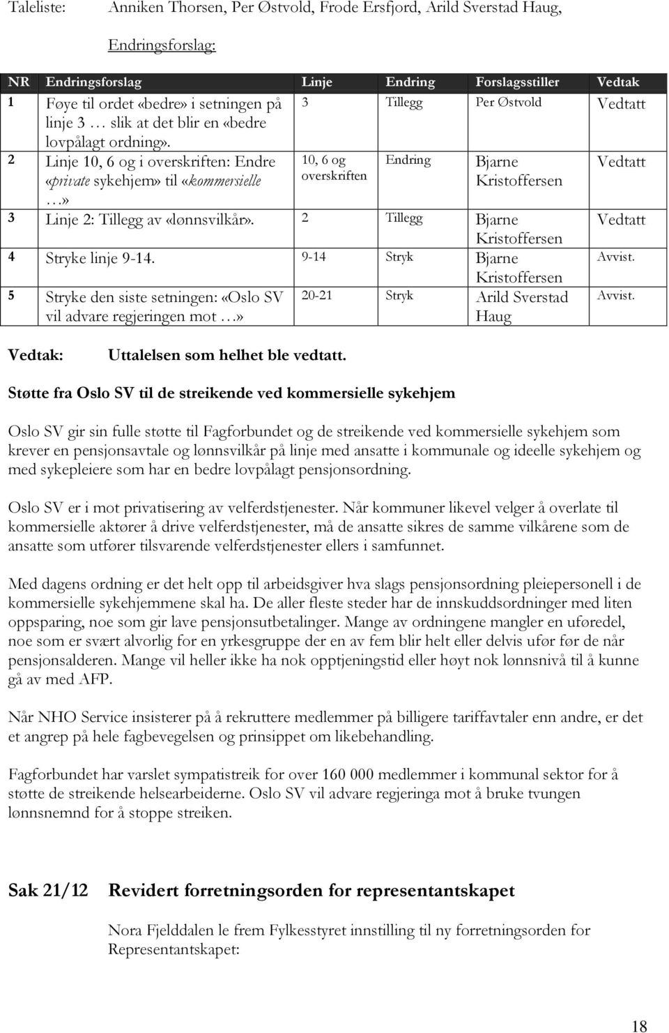 2 Linje 10, 6 og i overskriften: Endre «private sykehjem» til «kommersielle» 10, 6 og overskriften Endring Bjarne Kristoffersen 3 Linje 2: Tillegg av «lønnsvilkår».