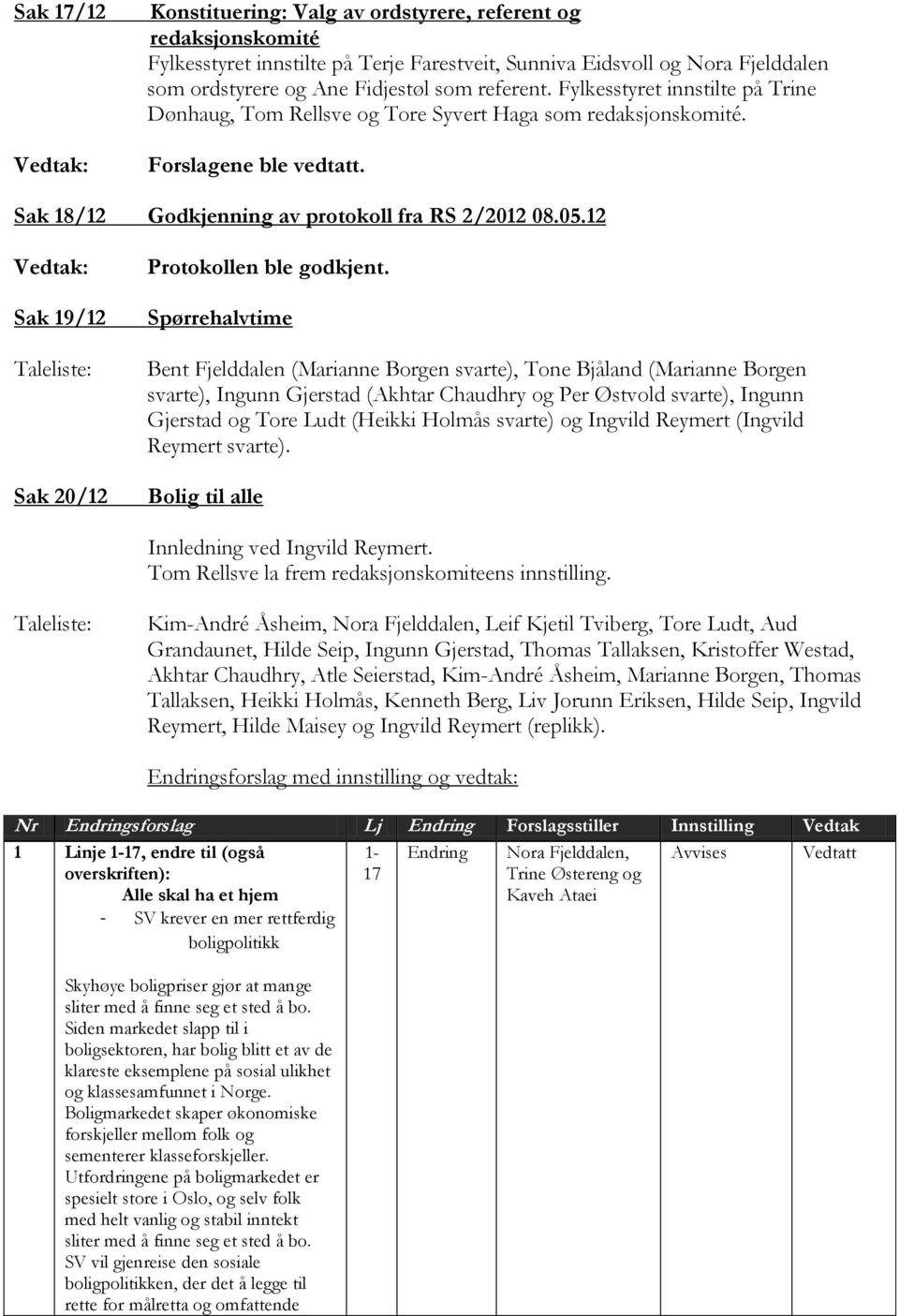 12 Vedtak: Sak 19/12 Taleliste: Sak 20/12 Protokollen ble godkjent.