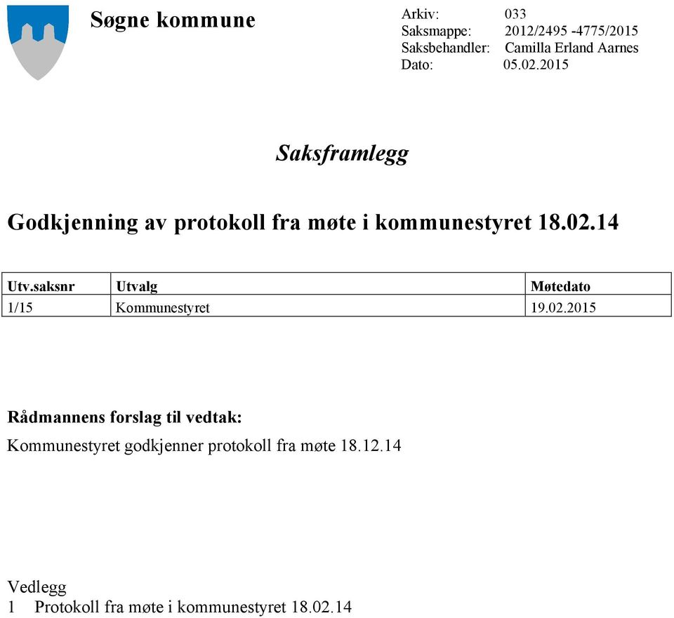 saksnr Utvalg Møtedato 1/15 Kommunestyret 19.02.