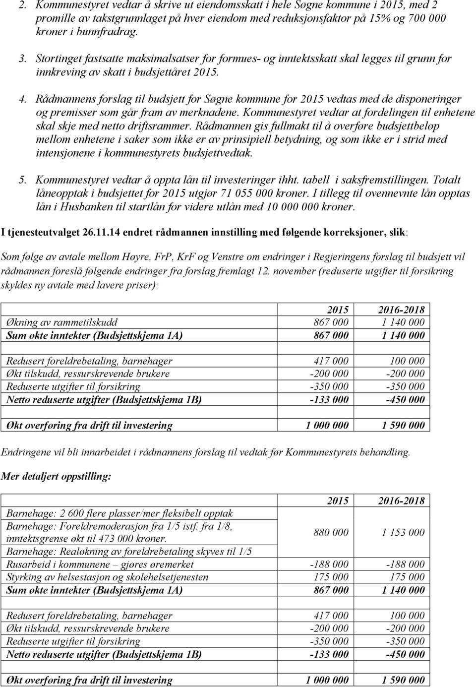 Rådmannens forslag til budsjett for Søgne kommune for 2015 vedtas med de disponeringer og premisser som går fram av merknadene.