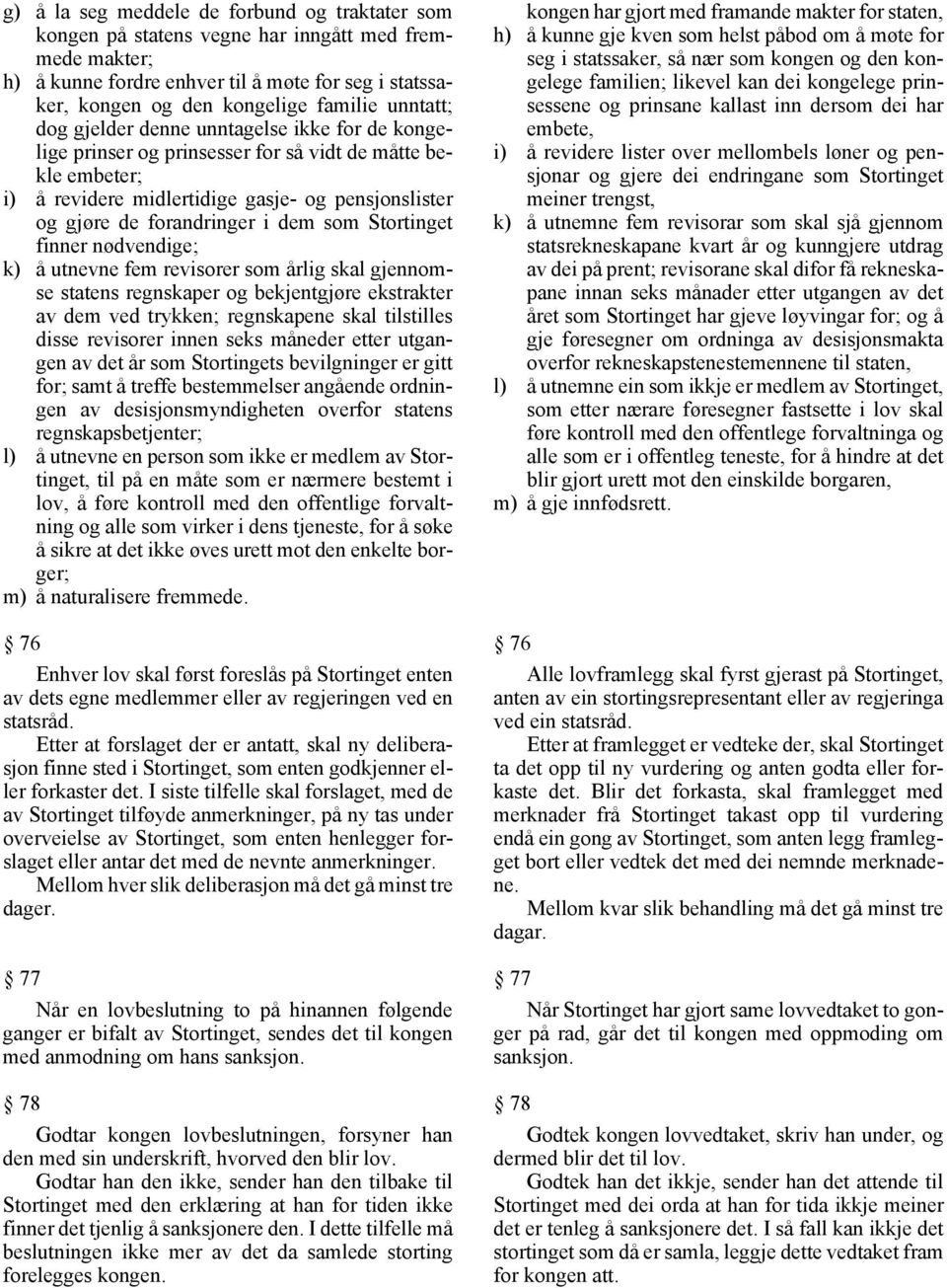 dem som Stortinget finner nødvendige; k) å utnevne fem revisorer som årlig skal gjennomse statens regnskaper og bekjentgjøre ekstrakter av dem ved trykken; regnskapene skal tilstilles disse revisorer