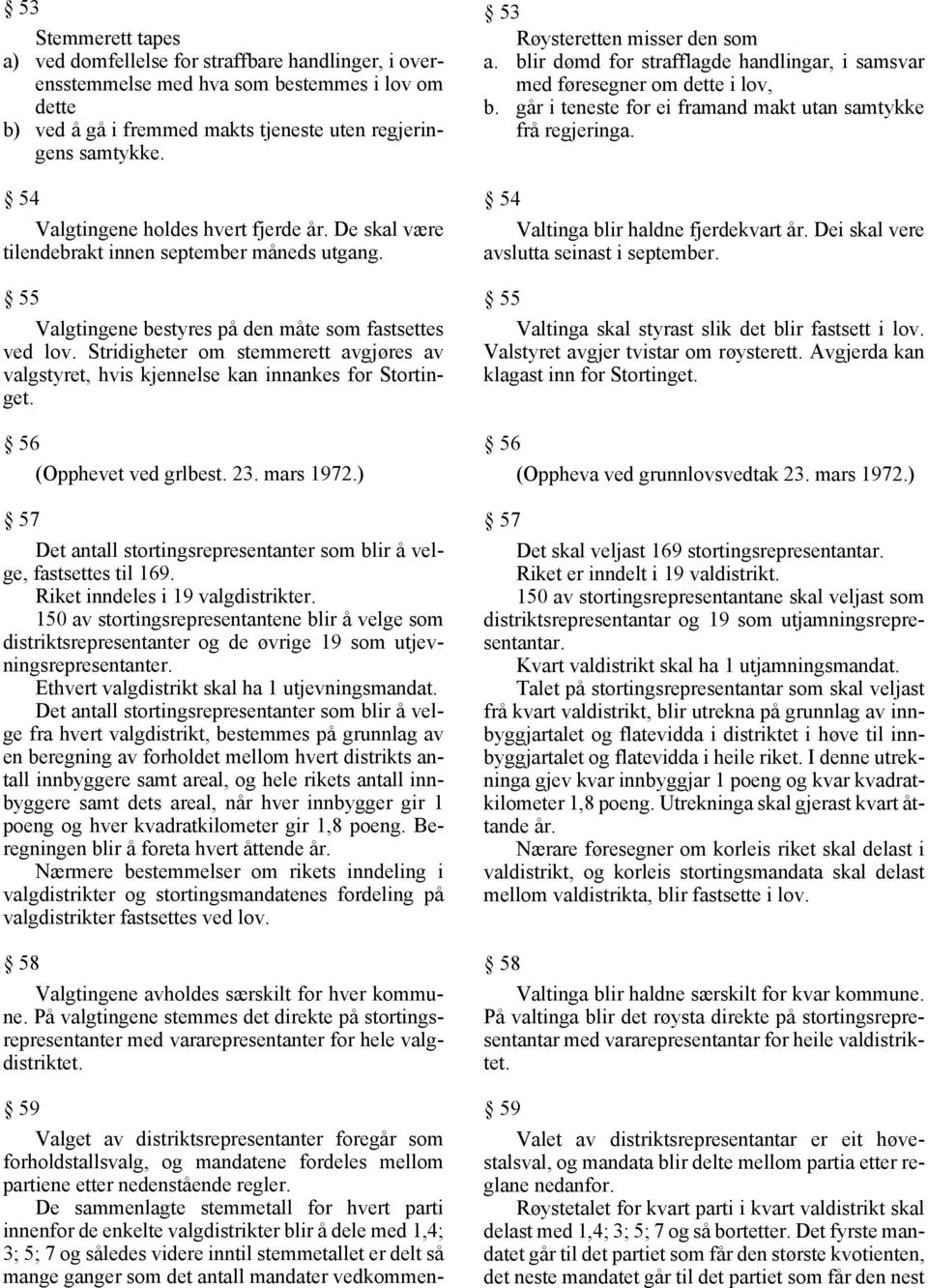 Stridigheter om stemmerett avgjøres av valgstyret, hvis kjennelse kan innankes for Stortinget. 56 (Opphevet ved grlbest. 23. mars 1972.