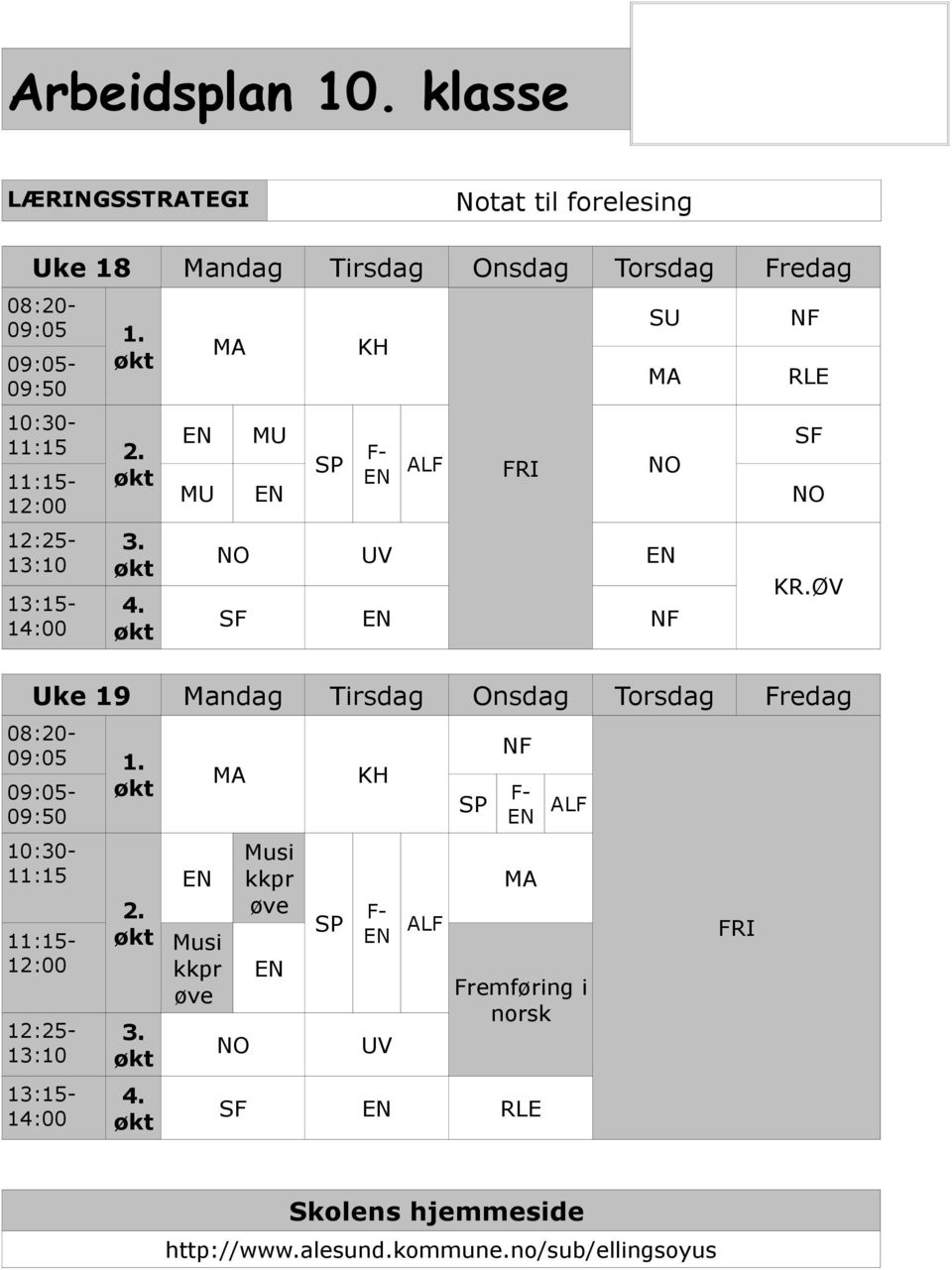 ØV Uke 19 Mandag Tirsdag Onsdag Torsdag Fredag 08:20-09:05 1. 09:05- økt 09:50 10:30-11:15 11:15-12:00 12:25-13:10 13:15-14:00 2. økt 3. økt 4.