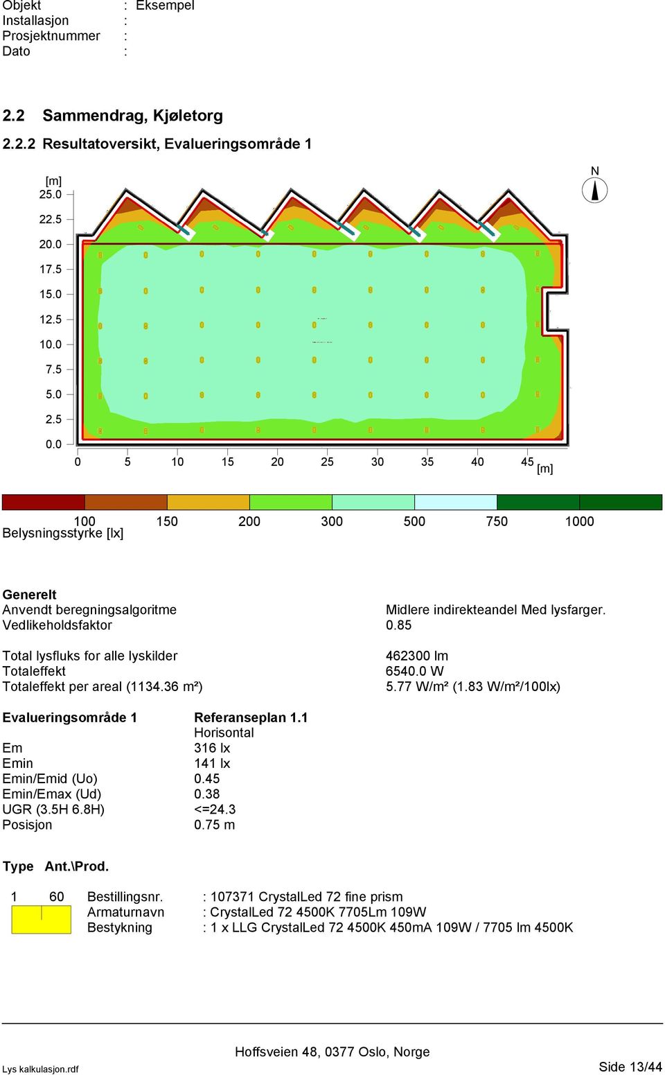 85 Total lysfluks for alle lyskilder Totaleffekt Totaleffekt per areal (1134.36 m²) 462300 lm 6540.0 W 5.77 W/m² (1.83 W/m²/100lx) Evalueringsområde 1 Referanseplan 1.