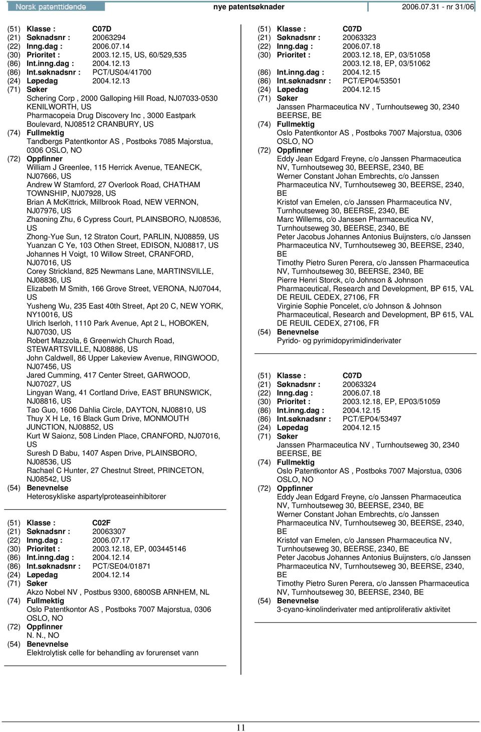 13 Schering Corp, 2000 Galloping Hill Road, NJ07033-0530 KENILWORTH, US Pharmacopeia Drug Discovery Inc, 3000 Eastpark Boulevard, NJ08512 CRANBURY, US Tandbergs Patentkontor AS, Postboks 7085