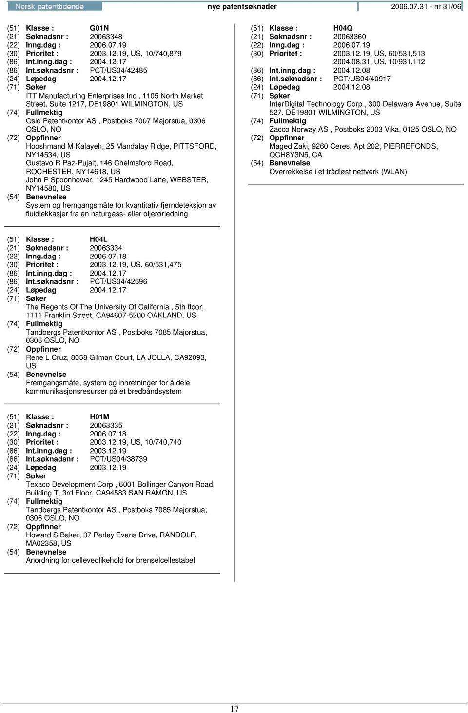 17 ITT Manufacturing Enterprises Inc, 1105 North Market Street, Suite 1217, DE19801 WILMINGTON, US Oslo Patentkontor AS, Postboks 7007 Majorstua, 0306 Hooshmand M Kalayeh, 25 Mandalay Ridge,