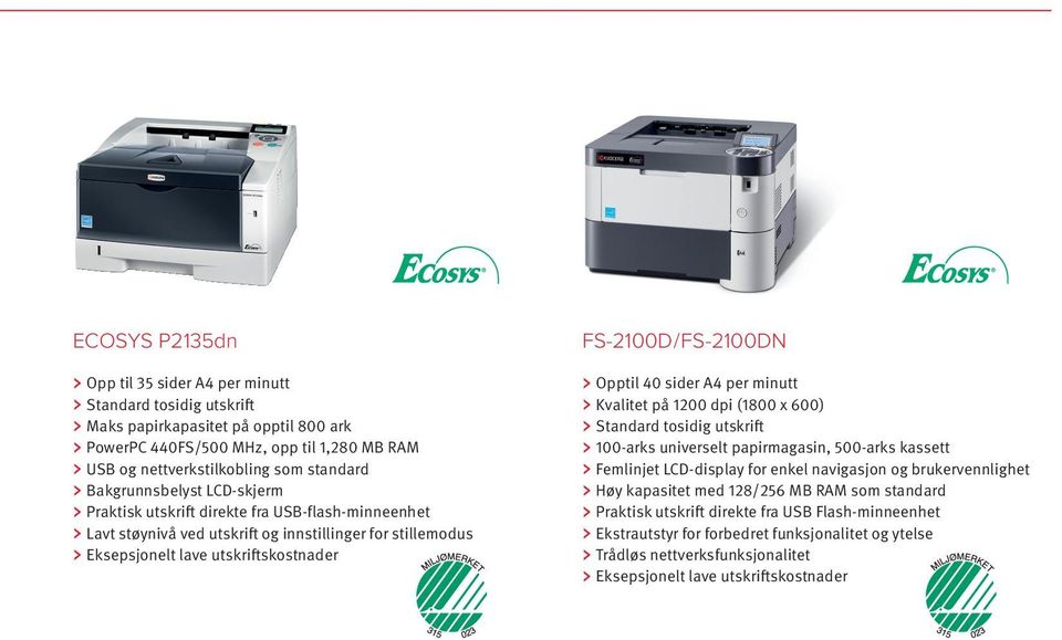 A4 per minutt Kvalitet på 1200 dpi (1800 x 600) Standard tosidig utskrift 100-arks universelt papirmagasin, 500-arks kassett Femlinjet LCD-display for enkel navigasjon og