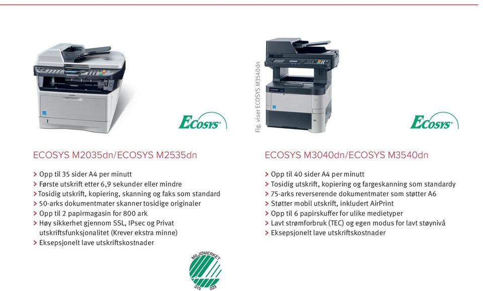 utskriftsfunksjonalitet (Krever ekstra minne) ECOSYS M3040dn / ECOSYS M3540dn Opp til 40 sider A4 per minutt Tosidig utskrift, kopiering og fargeskanning som standardy