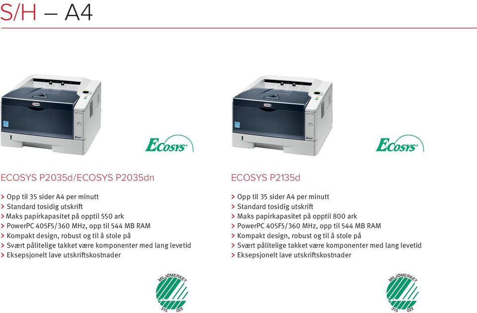 med lang levetid ECOSYS P2135d Opp til 35 sider A4 per minutt Standard tosidig utskrift Maks papirkapasitet på opptil 800  med