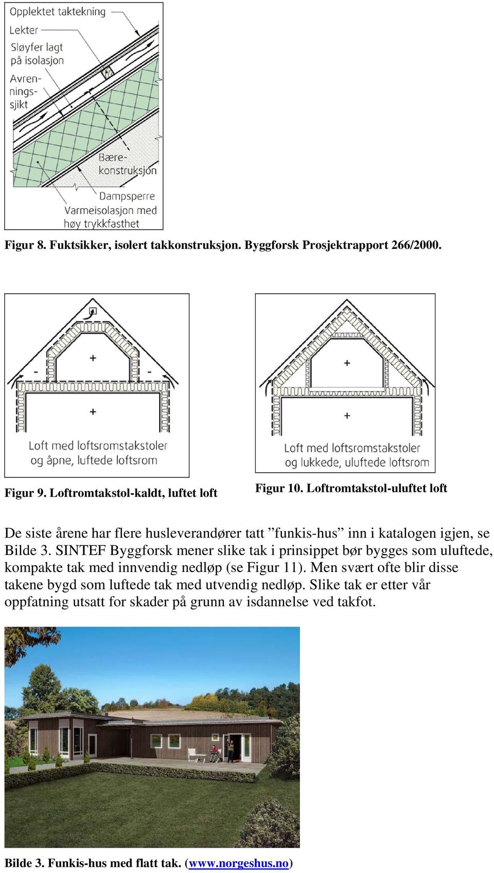 SINTEF Byggforsk mener slike tak i prinsippet bør bygges som uluftede, kompakte tak med innvendig nedløp (se Figur 11).