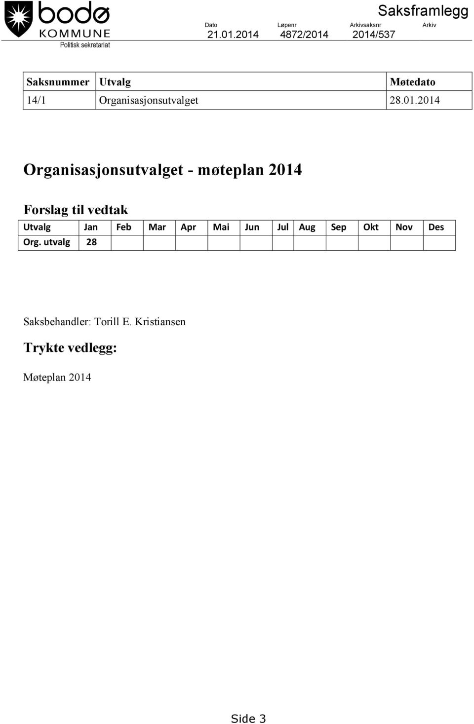 Organisasjonsutvalget - møteplan 2014 Forslag til vedtak Utvalg Jan Feb Mar Apr Mai Jun