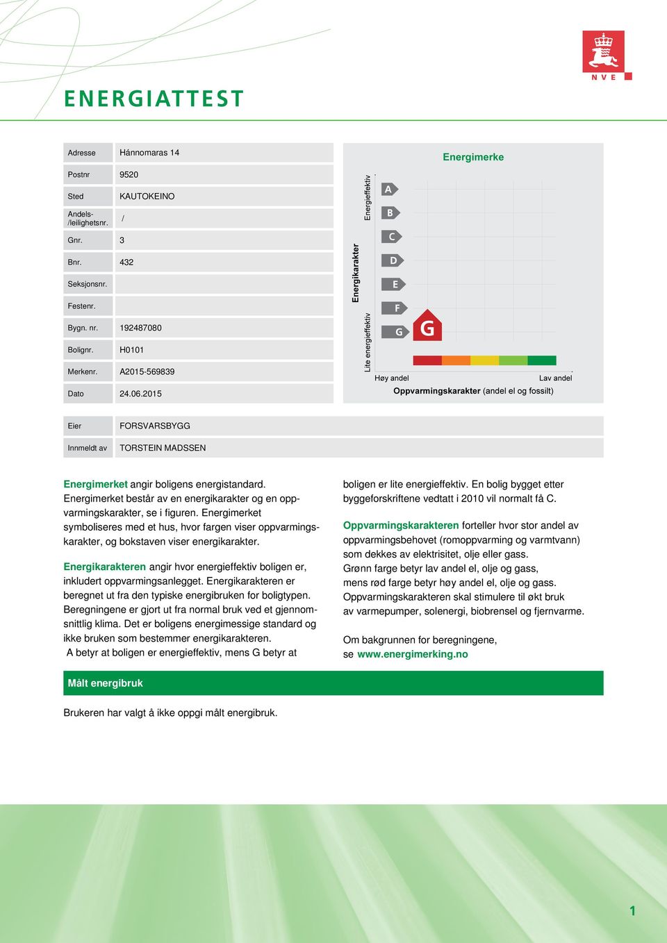 Energimerket symboliseres med et hus, hvor fargen viser oppvarmingskarakter, og bokstaven viser energikarakter. Energikarakteren angir hvor energieffektiv boligen er, inkludert oppvarmingsanlegget.