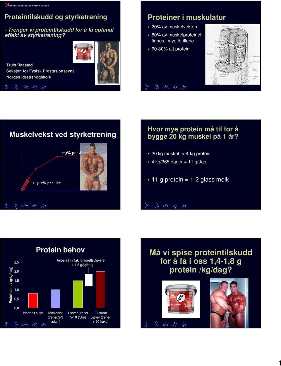 styrketrening ng % endrin 14 12 1-3% per år 1 8 6 4 2,-1% per uke 2 4 6 8 1 12 Tid (år) Hvor mye protein må til for å bygge 2 kg muskel på 1 år?