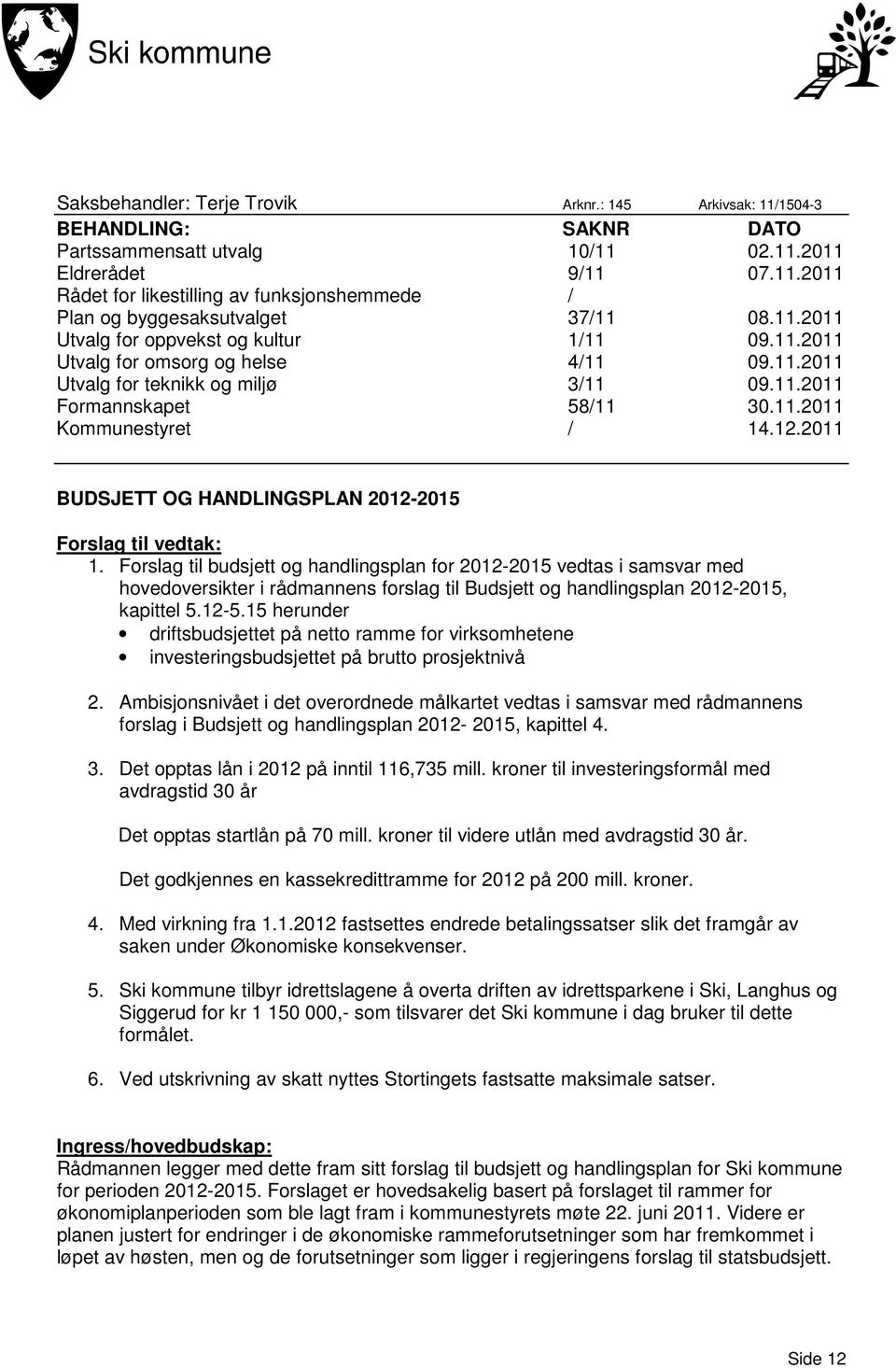 2011 BUDSJETT OG HANDLINGSPLAN 2012-2015 Forslag til vedtak: 1.