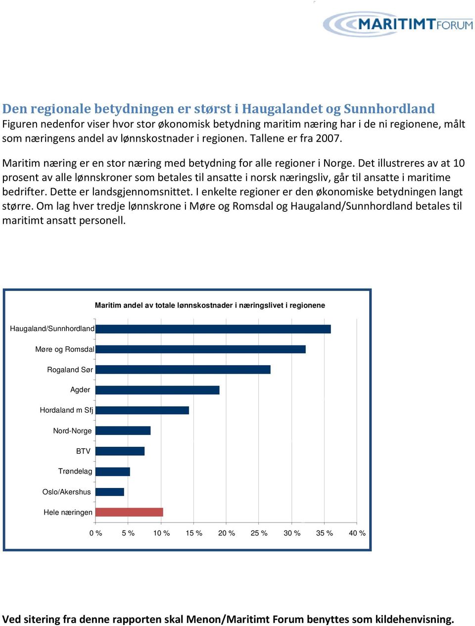 Det illustreres av at 10 prosent av alle lønnskroner som betales til ansatte i norsk næringsliv, går til ansatte i maritime bedrifter. Dette er landsgjennomsnittet.
