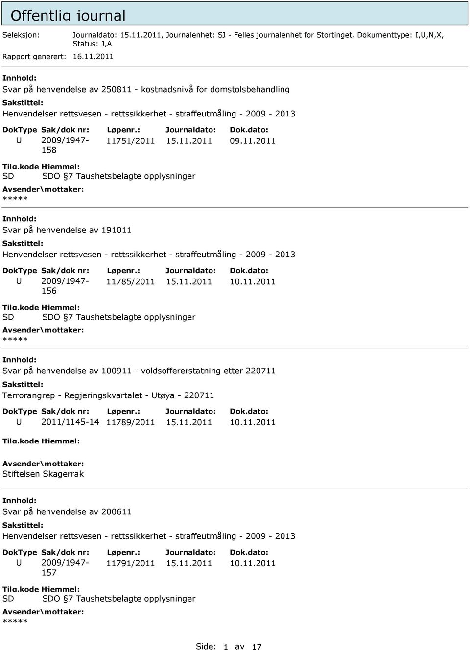 opplysninger Svar på henvendelse av 191011 Henvendelser rettsvesen - rettssikkerhet - straffeutmåling - 2009-2013 2009/1947-156 11785/2011 O 7 Taushetsbelagte opplysninger Svar på henvendelse av