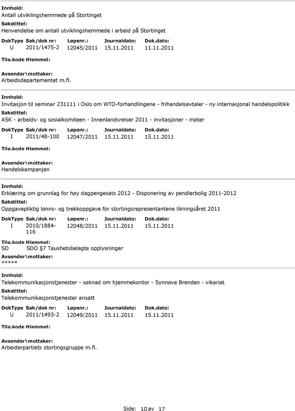 2011/48-100 12047/2011 Handelskampanjen Erklæring om grunnlag for høy dagpengesats 2012 - Disponering av pendlerbolig 2011-2012 Oppgavepliktig lønns- og trekkoppgave for stortingsrepresentantene