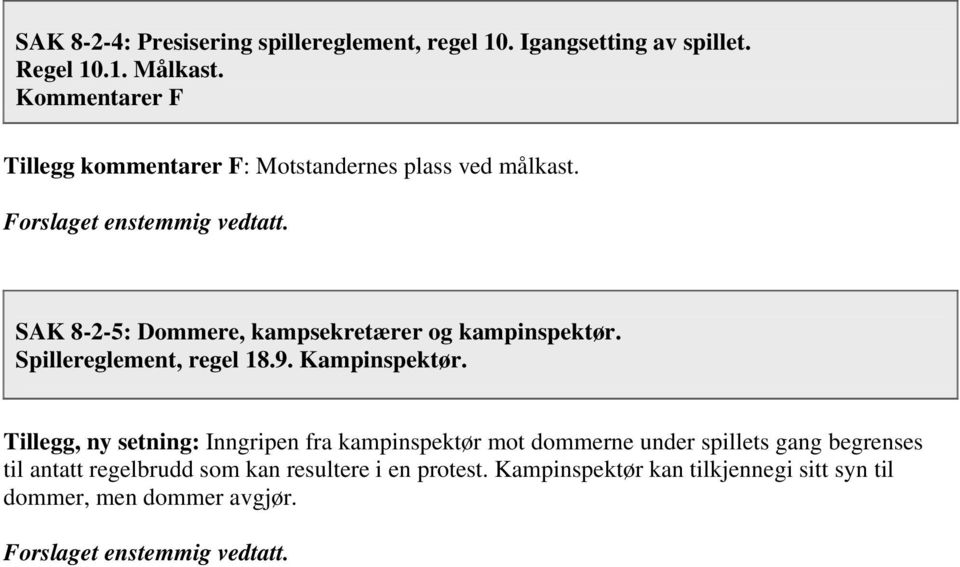 SAK 8-2-5: Dommere, kampsekretærer og kampinspektør. Spillereglement, regel 18.9. Kampinspektør.