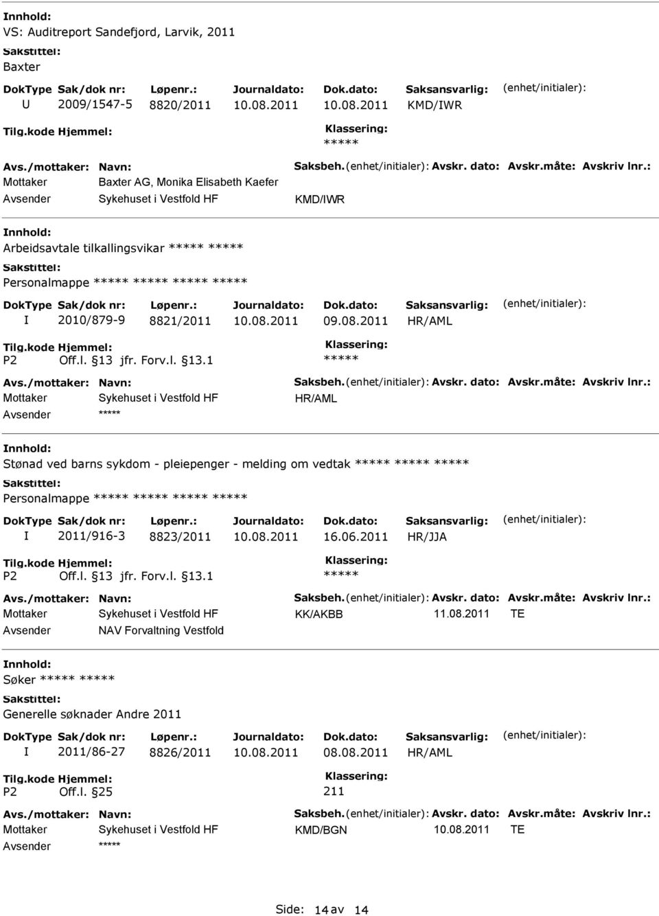 pleiepenger - melding om vedtak Personalmappe 2011/916-3 8823/2011 16.06.2011 Mottaker KK/AKBB 11.08.