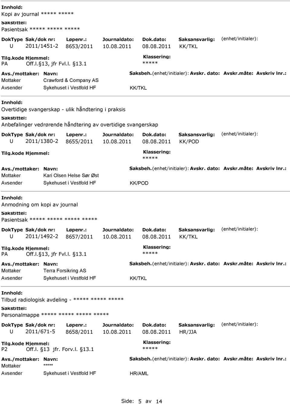 KK/POD Mottaker Kari Olsen Helse Sør Øst KK/POD Anmodning om kopi av journal Pasientsak 2011/1492-2 8657/2011