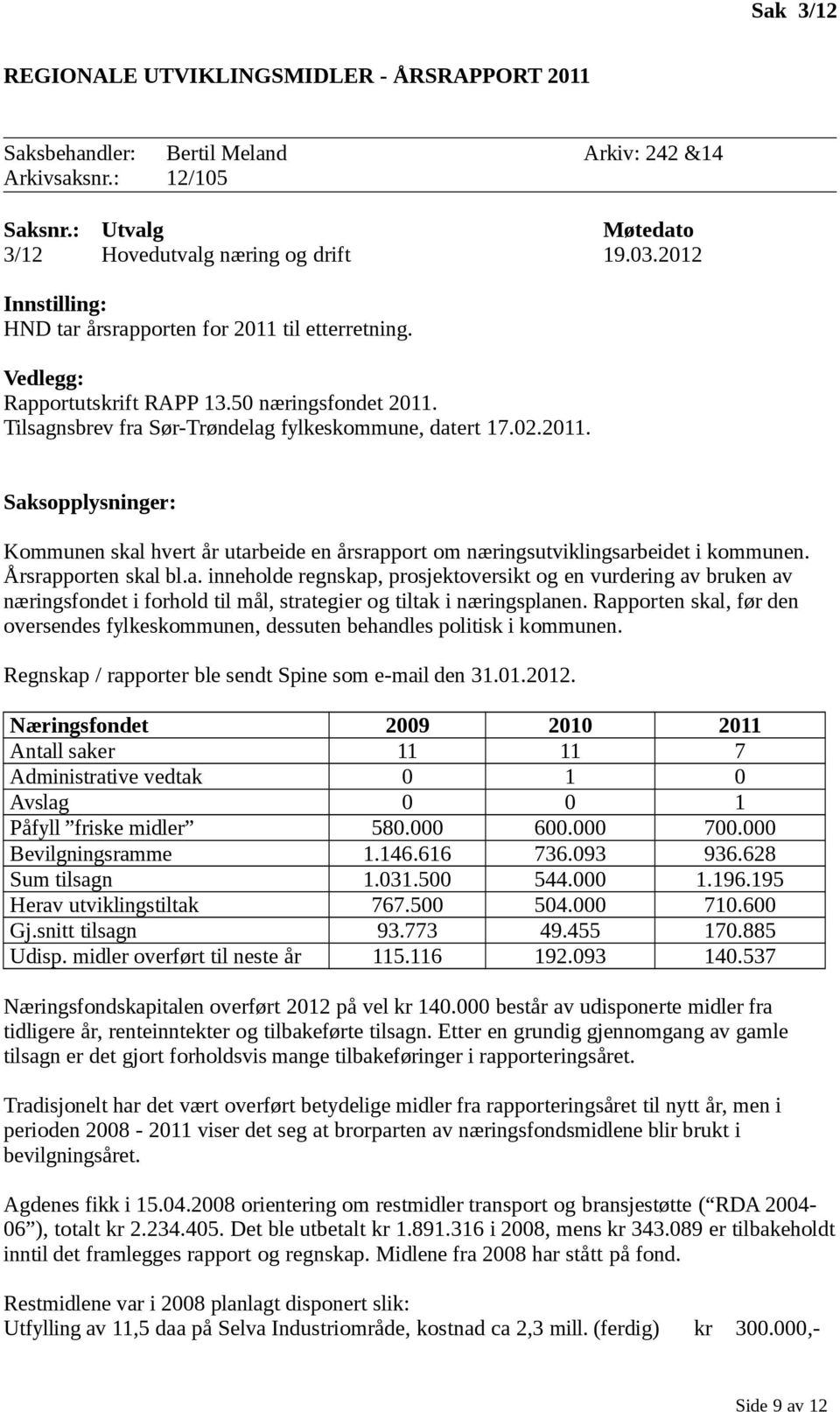 Årsrapporten skal bl.a. inneholde regnskap, prosjektoversikt og en vurdering av bruken av næringsfondet i forhold til mål, strategier og tiltak i næringsplanen.