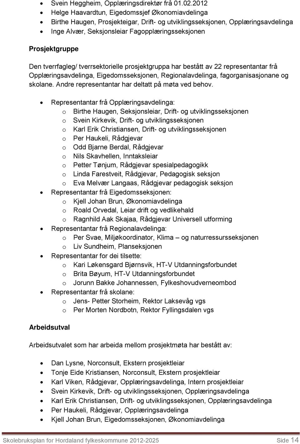 Den tverrfagleg/ tverrsektorielle prosjektgruppa har bestått av 22 representantar frå Opplæringsavdelinga, Eigedomsseksjonen, Regionalavdelinga, fagorganisasjonane og skolane.