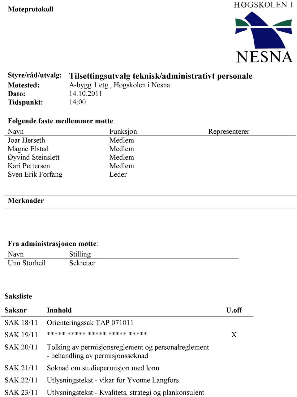 Merknader Fra administrasjonen møtte: Navn Stilling Unn Storheil Sekretær Saksliste Saksnr Innhold U.