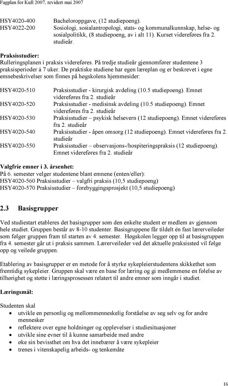 De praktiske studiene har egen læreplan og er beskrevet i egne emnebeskrivelser som finnes på høgskolens hjemmesider: HSY4020-510 Praksisstudier - kirurgisk avdeling (10.5 studiepoeng).