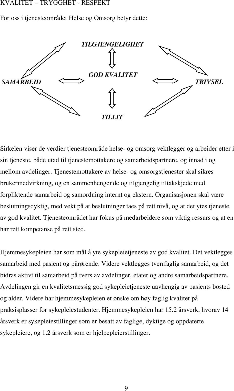 Tjenestemottakere av helse- og omsorgstjenester skal sikres brukermedvirkning, og en sammenhengende og tilgjengelig tiltakskjede med forpliktende samarbeid og samordning internt og ekstern.