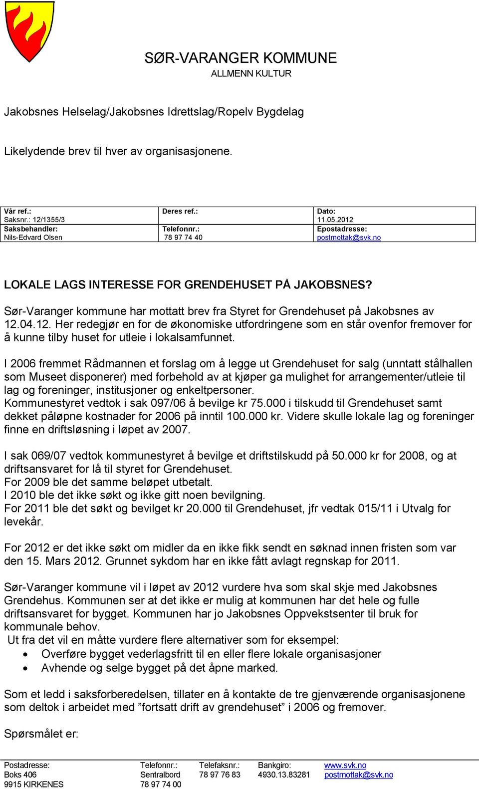 Sør-Varanger kommune har mottatt brev fra Styret for Grendehuset på Jakobsnes av 12.