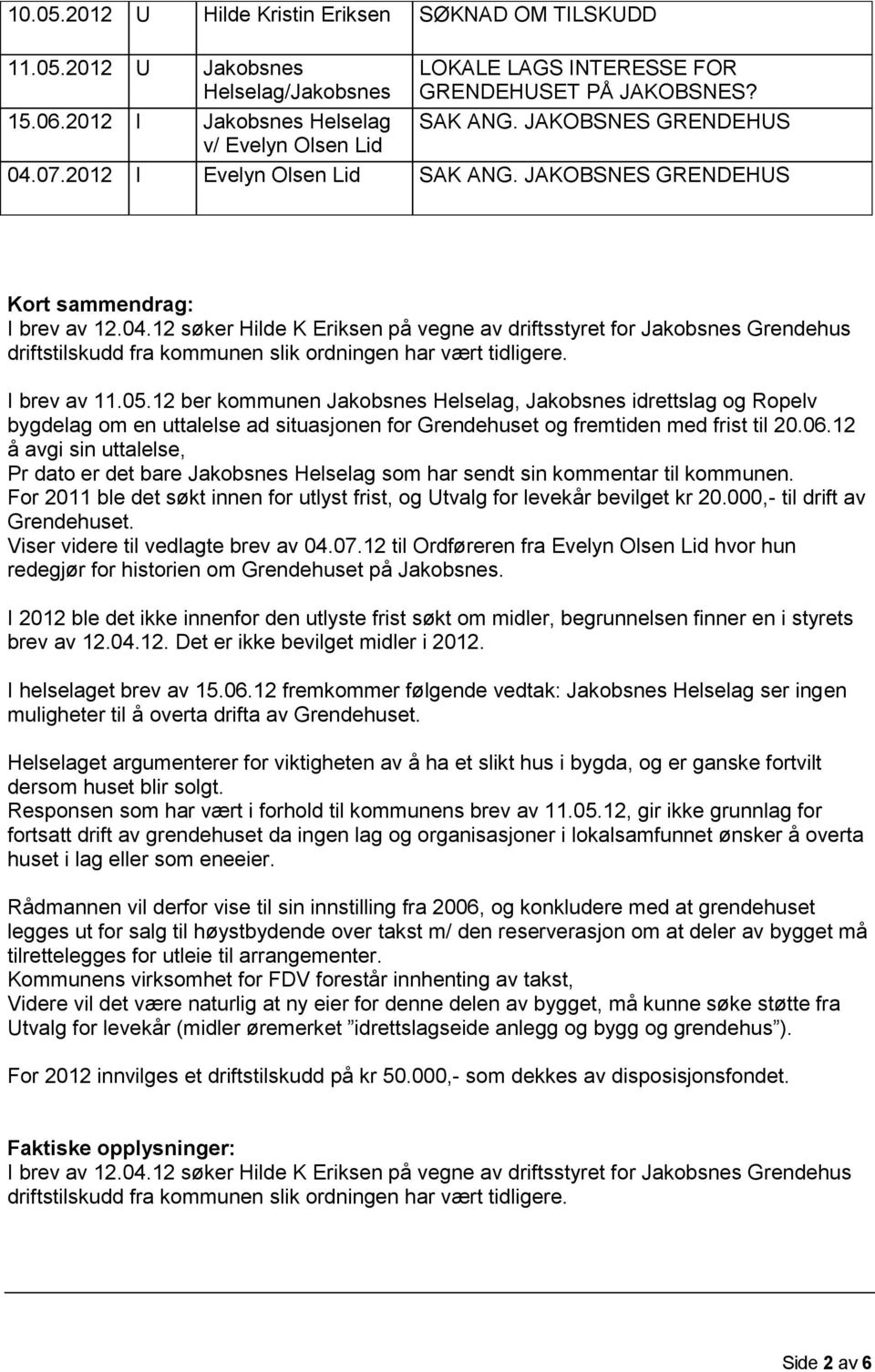 12 søker Hilde K Eriksen på vegne av driftsstyret for Jakobsnes Grendehus driftstilskudd fra kommunen slik ordningen har vært tidligere. I brev av 11.05.