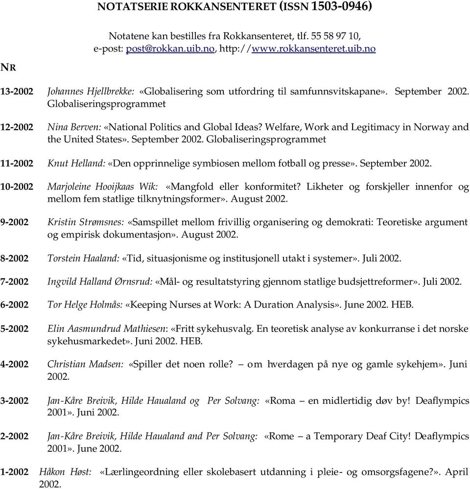 Globaliseringsprogrammet 12-2002 Nina Berven: «National Politics and Global Ideas? Welfare, Work and Legitimacy in Norway and the United States». September 2002.