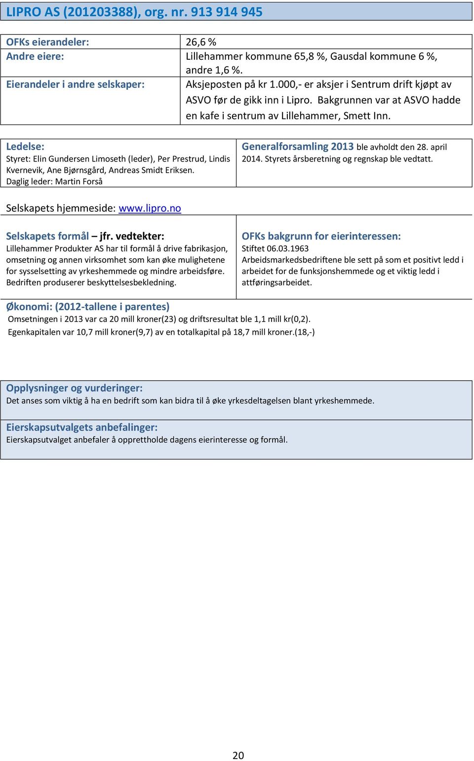 Styret: Elin Gundersen Limoseth (leder), Per Prestrud, Lindis Kvernevik, Ane Bjørnsgård, Andreas Smidt Eriksen. Daglig leder: Martin Forså Generalforsamling 2013 ble avholdt den 28. april 2014.