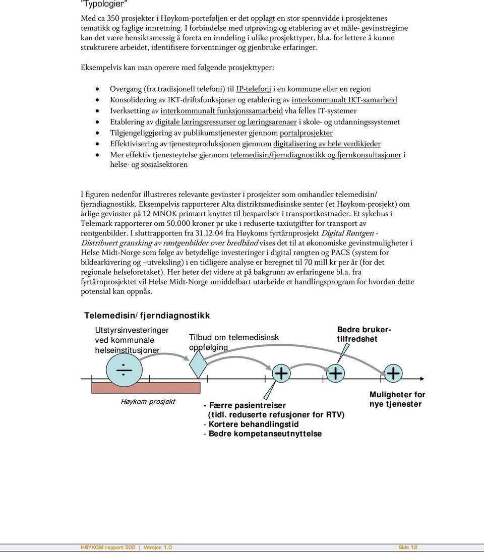 Eksempelvis kan man operere med følgende prosjekttyper: Overgang (fra tradisjonell telefoni) til IP-telefoni i en kommune eller en region Konsolidering av IKT-driftsfunksjoner og etablering av