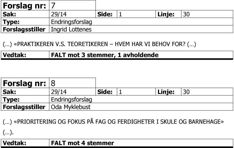 ( ) FALT mot 3 stemmer, 1 avholdende Forslag nr: 8 Sak: 29/14 Side: 1 Linje: 30