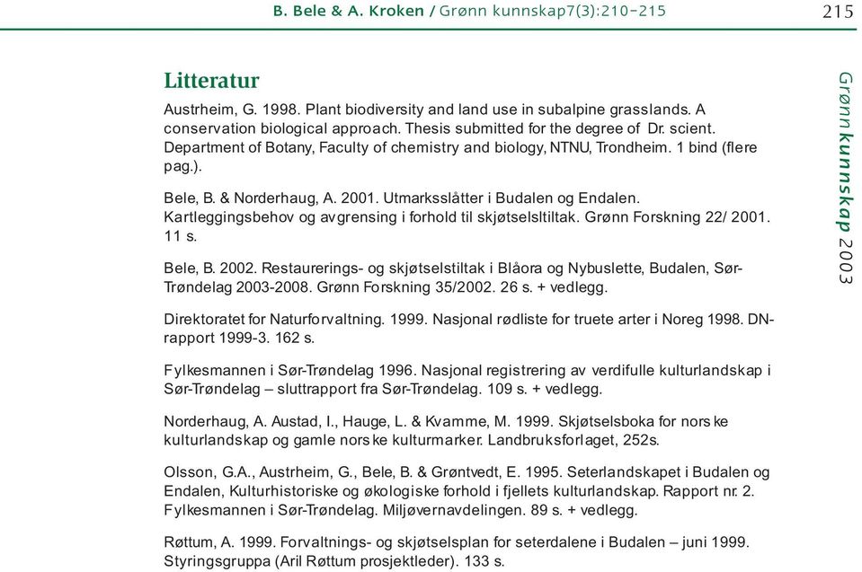 Utmarksslåtter i Budalen og Endalen. Kartleggingsbehov og avgrensing i forhold til skjøtselsltiltak. Grønn Forskning 22/ 2001. 11 s. Bele, B. 2002.