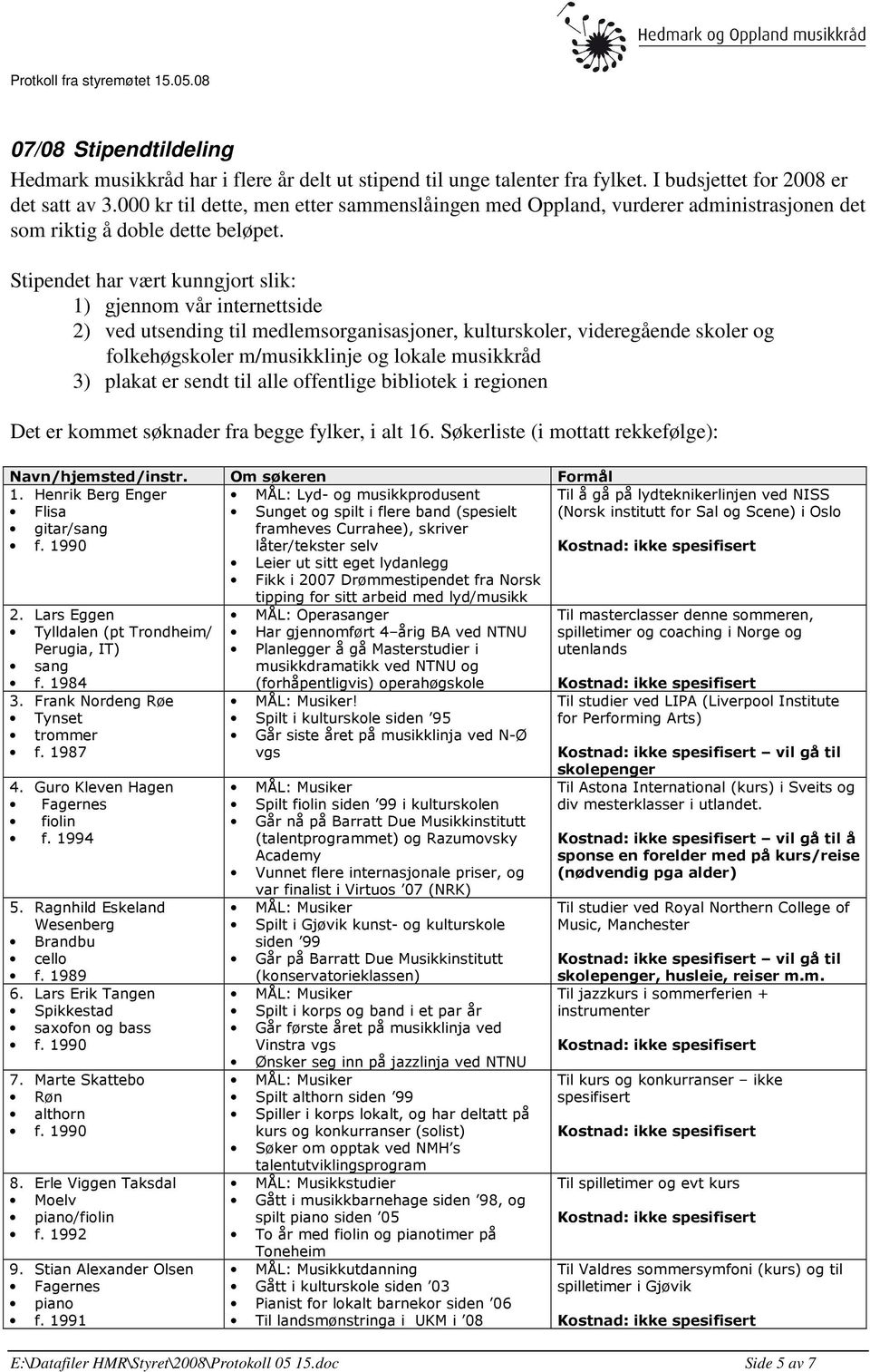 Stipendet har vært kunngjort slik: 1) gjennom vår internettside 2) ved utsending til medlemsorganisasjoner, kulturskoler, videregående skoler og folkehøgskoler m/musikklinje og lokale musikkråd 3)