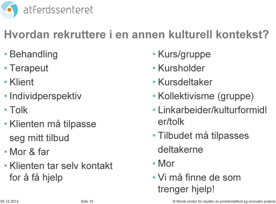 tar selv kontakt for å få hjelp Kurs/gruppe Kursholder Kursdeltaker Kollektivisme (gruppe)