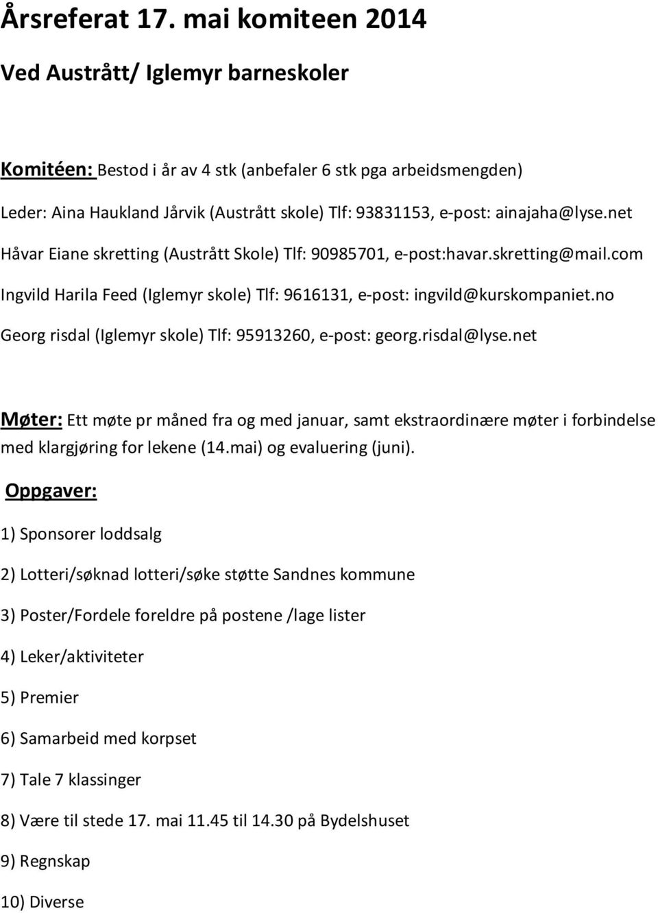 ainajaha@lyse.net Håvar Eiane skretting (Austrått Skole) Tlf: 90985701, e-post:havar.skretting@mail.com Ingvild Harila Feed (Iglemyr skole) Tlf: 9616131, e-post: ingvild@kurskompaniet.