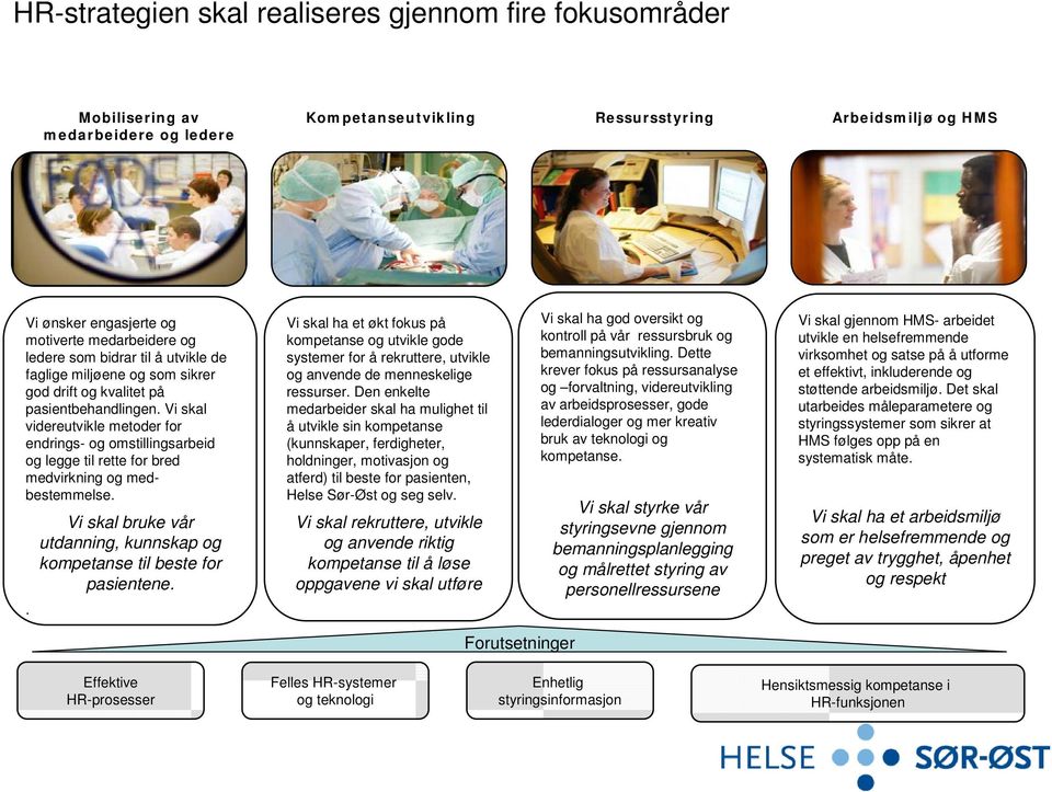 Vi skal videreutvikle metoder for endrings- og omstillings og legge til rette for bred medvirkning og medbestemmelse. Vi skal bruke vår utdanning, kunnskap og kompetanse til beste for pasientene.