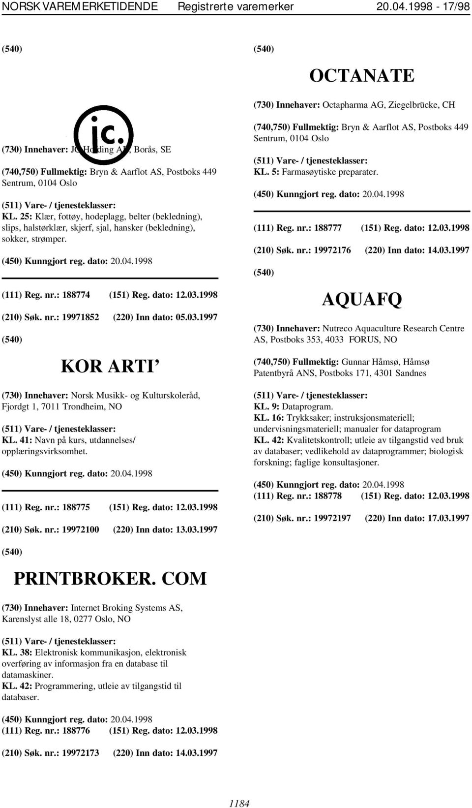 25: Klær, fottøy, hodeplagg, belter (bekledning), slips, halstørklær, skjerf, sjal, hansker (bekledning), sokker, strømper. (111) Reg. nr.: 188774 (151) Reg. dato: 12.03.1998 (210) Søk. nr.: 19971852 (220) Inn dato: 05.