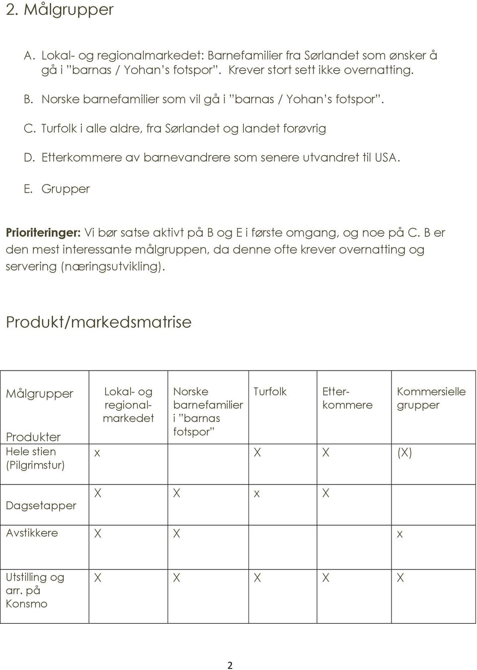 B er den mest interessante målgruppen, da denne ofte krever overnatting og servering (næringsutvikling).