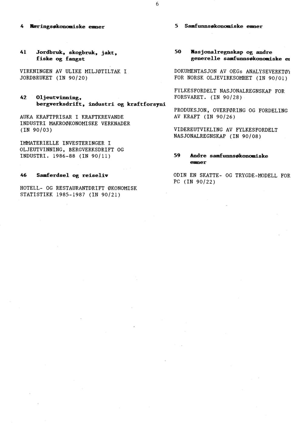 1986-88 (IN 90/11) 46 Samferdsel og reiseliv HOTELL- OG RESTAURANTDRIFT ØKONOMISK STATISTIKK 1985-1987 (IN 90/21) 50 Nasjonalregnskap og andre generelle samfunnsøkonomiske em DOKUMENTASJON AV OEGs